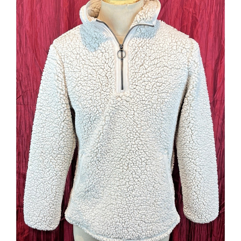 Womens Cozy Sherpa Pullover Cream Quarter Zip Fleece Jacket sz Med